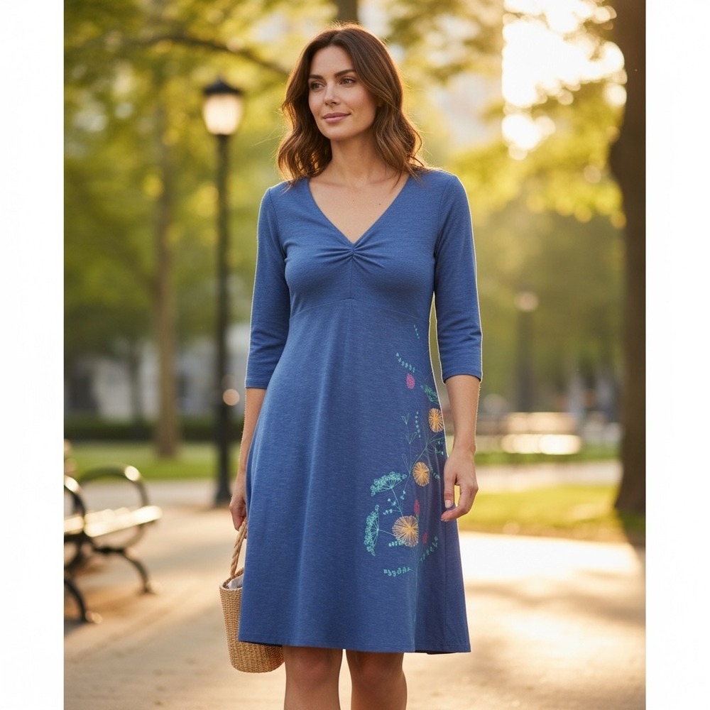 Horny Toad Blue Floral Print V Neck 3/4 Sleeve A Line Midi Dress Women Small
